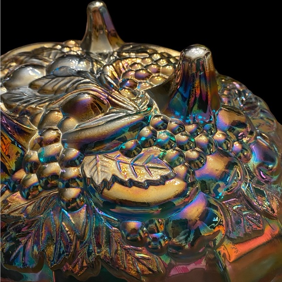 Vintage Indiana Carnival Glass footed oval  bowl Harvest Grape blue iridescent - Picture 6 of 7